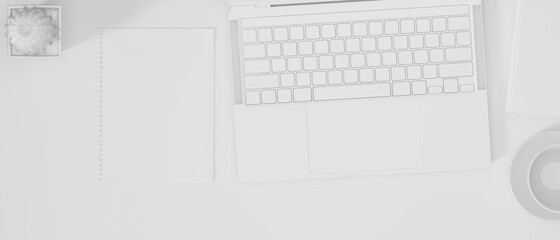 Top view, flat lay, White monochrome workspace with laptop computer