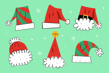Hand Drawn Christmas Santa Claus' Hat Collection Set