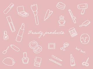 美容アイテムの線画セット　ピンク背景