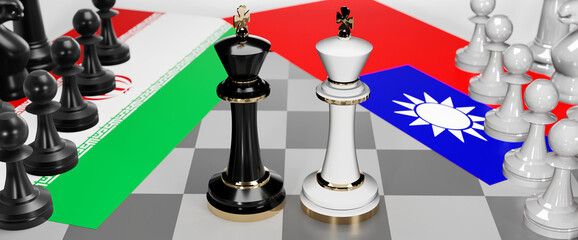 Iran and Taiwan - talks, debate, dialog or a confrontation between those two countries shown as two chess kings with flags that symbolize art of meetings and negotiations, 3d illustration
