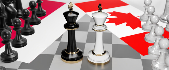 Poland and Canada - talks, debate, dialog or a confrontation between those two countries shown as two chess kings with flags that symbolize art of meetings and negotiations, 3d illustration