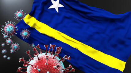 Curacao and the covid pandemic - corona virus attacking national flag of Curacao to symbolize the fight, struggle and the virus presence in this country, 3d illustration