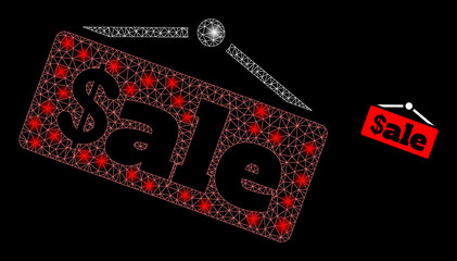 Obraz premium Glossy polygonal mesh web sale announce icon with glitter effect on a black background. Network sale announce iconic vector with illuminated spheres in bright colors.