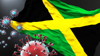 Jamaica and the covid pandemic - corona virus attacking national flag of Jamaica to symbolize the fight, struggle and the virus presence in this country, 3d illustration