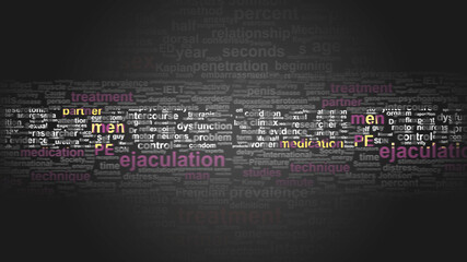 Premature ejaculation - essential terms related to Premature ejaculation arranged by importance in a 2-color word cloud poster. Reveal primary and peripheral concepts related to XXX, 3d illustration - obrazy, fototapety, plakaty