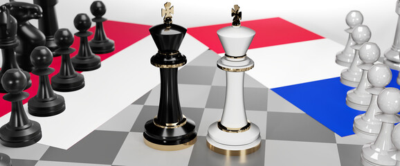 Poland and France - talks, debate, dialog or a confrontation between those two countries shown as two chess kings with flags that symbolize art of meetings and negotiations, 3d illustration