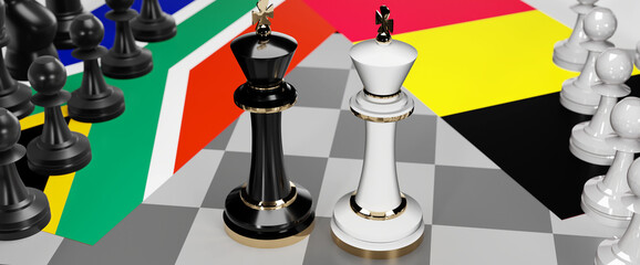 South Africa and Belgium - talks, debate, dialog or a confrontation between those two countries shown as two chess kings with flags that symbolize art of meetings and negotiations, 3d illustration