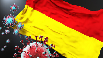 Afbeelding Oostende and covid pandemic - virus attacking a city flag of Afbeelding Oostende as a symbol of a fight and struggle with the virus pandemic in this city, 3d illustration