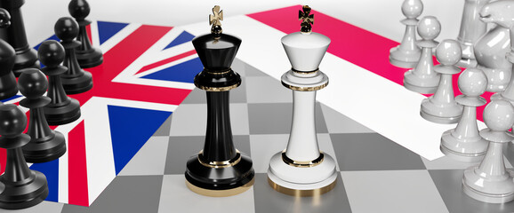 UK England and Poland - talks, debate, dialog or a confrontation between those two countries shown as two chess kings with flags that symbolize art of meetings and negotiations, 3d illustration