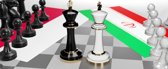 Poland and Iran - talks, debate, dialog or a confrontation between those two countries shown as two chess kings with flags that symbolize art of meetings and negotiations, 3d illustration