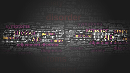 Adjustment disorder - essential terms related to Adjustment disorder arranged by importance in a 2-color word cloud poster. Reveal primary and peripheral concepts related to XXX, 3d illustration