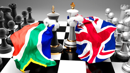 Fototapeta premium South Africa UK England - debate and dialog between those two countries shown as two chess kings with national flags that symbolize the subtle art of diplomacy, 3d illustration