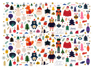 Big Christmas decorative set with funny Santa Claus, nutcracker, gift boxes and many others. Big Christmas collection in Scandinavian style with traditional Christmas and New Year elements