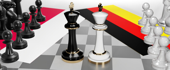 Poland and Germany - talks, debate, dialog or a confrontation between those two countries shown as two chess kings with flags that symbolize art of meetings and negotiations, 3d illustration