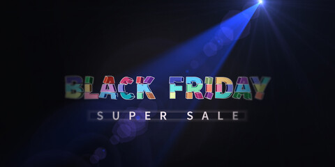 Abstract background color text Black Friday and super sale. 3D text design on black with spot effect. For banner, poster, template, header.