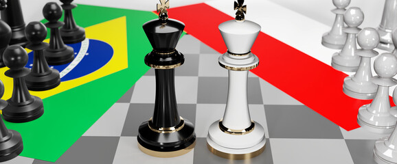 Brazil and Indonesia - talks, debate, dialog or a confrontation between those two countries shown as two chess kings with flags that symbolize art of meetings and negotiations, 3d illustration