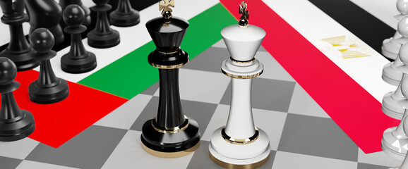 United Arab Emirates and Egypt - talks, debate or dialog between those two countries shown as two chess kings with national flags that symbolize subtle art of diplomacy, 3d illustration