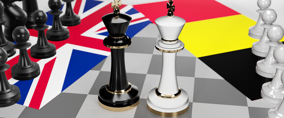 UK England and Belgium - talks, debate, dialog or a confrontation between those two countries shown as two chess kings with flags that symbolize art of meetings and negotiations, 3d illustration