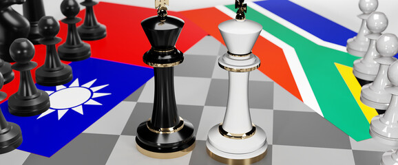 Taiwan and South Africa - talks, debate, dialog or a confrontation between those two countries shown as two chess kings with flags that symbolize art of meetings and negotiations, 3d illustration