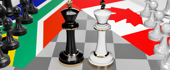 South Africa and Canada - talks, debate, dialog or a confrontation between those two countries shown as two chess kings with flags that symbolize art of meetings and negotiations, 3d illustration