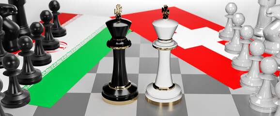 Iran and Switzerland - talks, debate, dialog or a confrontation between those two countries shown as two chess kings with flags that symbolize art of meetings and negotiations, 3d illustration
