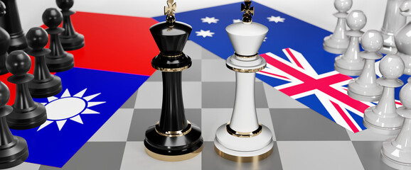 Taiwan and Australia - talks, debate, dialog or a confrontation between those two countries shown as two chess kings with flags that symbolize art of meetings and negotiations, 3d illustration