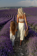 a beautiful girl with brown hair and a blonde girl in white dresses walk together through a lavender field