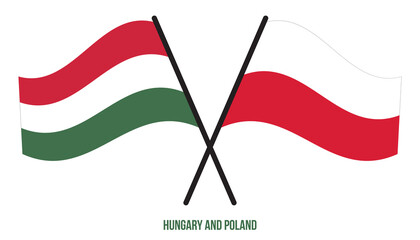 Hungary and Poland Flags Crossed And Waving Flat Style. Official Proportion. Correct Colors.