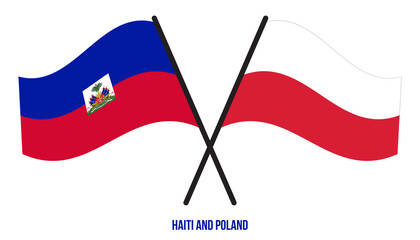 Haiti and Poland Flags Crossed And Waving Flat Style. Official Proportion. Correct Colors.