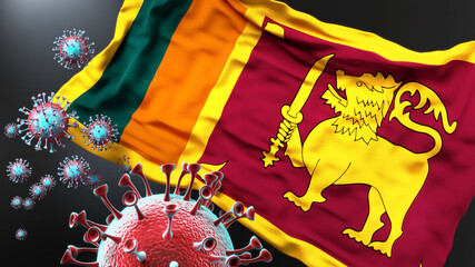 Sri Lanka and the covid pandemic - corona virus attacking national flag of Sri Lanka to symbolize the fight, struggle and the virus presence in this country, 3d illustration