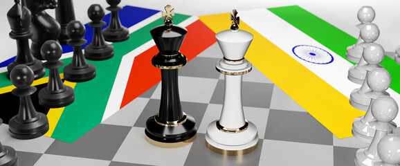 South Africa and India - talks, debate, dialog or a confrontation between those two countries shown as two chess kings with flags that symbolize art of meetings and negotiations, 3d illustration