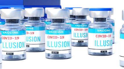 Covid illusion - vaccine bottles with an English label Illusion that symbolize a big human achievement that may end the fight with the coronavirus pandemic, 3d illustration