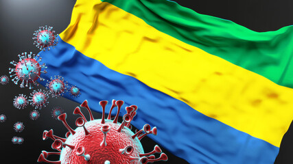 Gabon and the covid pandemic - corona virus attacking national flag of Gabon to symbolize the fight, struggle and the virus presence in this country, 3d illustration