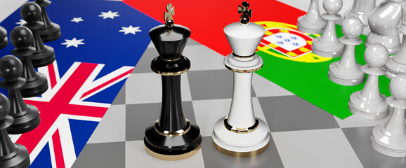 Australia and Portugal - talks, debate, dialog or a confrontation between those two countries shown as two chess kings with flags that symbolize art of meetings and negotiations, 3d illustration