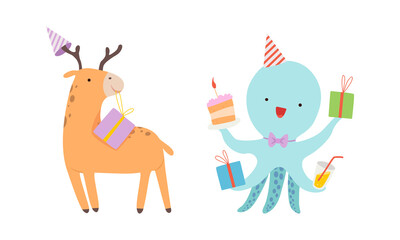 Cute Deer and Octopus Wearing Birthday Hat and Holding Gift Box Celebrating Holiday Vector Set