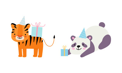 Cute Tiger and Panda Wearing Birthday Hat with Gift Box Celebrating Holiday Vector Set