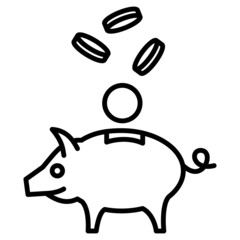 Accumulation of money. Coins fall into the piggy bank. The symbol of the bank vault. Vector icon, outline, isolated.