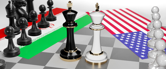 Iran and USA - talks, debate, dialog or a confrontation between those two countries shown as two chess kings with flags that symbolize art of meetings and negotiations, 3d illustration