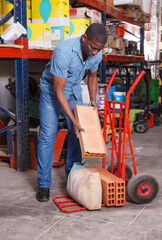 Fototapeta na wymiar Serious diligent positive friendly African American putting construction supplies on handcart in building hypermarket