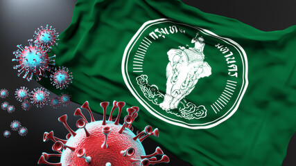 Bangkok and covid pandemic - virus attacking a city flag of Bangkok as a symbol of a fight and struggle with the virus pandemic in this city, 3d illustration