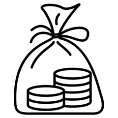 Home banking, cash storage, hiding money. Transfer and delivery of coins in bags. Stacks of coins in cloth bags. Vector icon, outline, isolated.