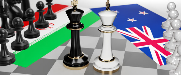 Iran and New Zealand - talks, debate, dialog or a confrontation between those two countries shown as two chess kings with flags that symbolize art of meetings and negotiations, 3d illustration