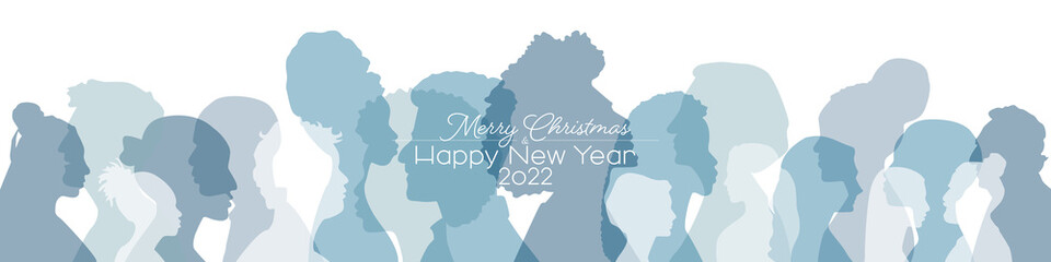 Merry Christmas 2022 card. Happy New Year. People of different ethnicities together. Flat vector illustration.