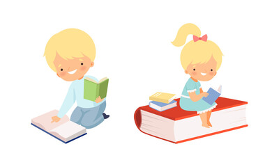 Little Blond Boy and Girl Reading Book Sitting on the Floor Vector Set