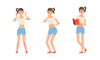 Young Woman with Ponytail Expressing Different Emotion Vector Set