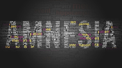 Amnesia - essential subjects and terms related to Amnesia arranged by importance in a 2-color word cloud poster. Reveal primary and peripheral concepts related to XXX, 3d illustration