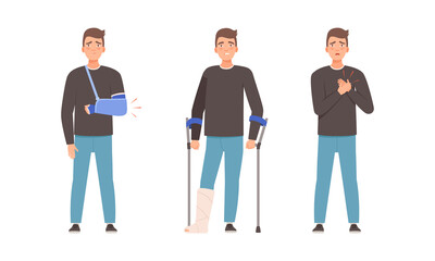 Young Man Suffering from Different Pain on Crutches and with Broken Arm Vector Set