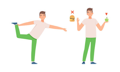 Positive Man in Green Pants Standing in Yoga Pose and Eating Healthy Food Leading Active Lifestyle Vector Set