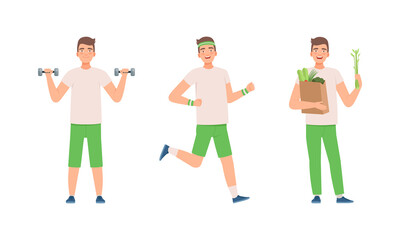 Positive Man in Green Pants Running and Lifting Dumbbell Leading Active Lifestyle Vector Set