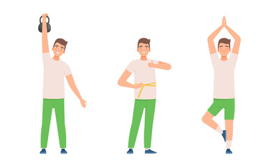 Positive Man in Green Pants Standing in Yoga Pose and Lifting Kettlebell Leading Active Lifestyle Vector Set